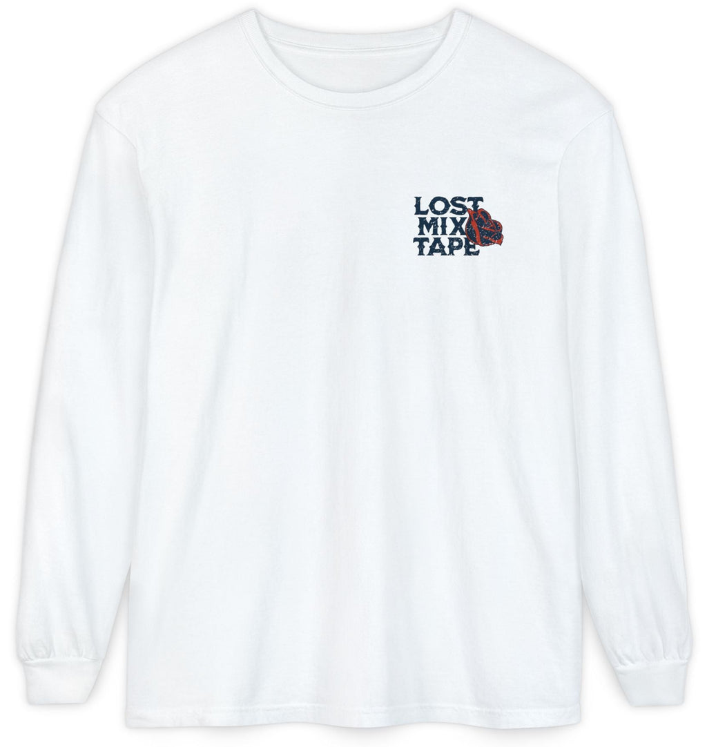 White sweatshirt with 'Lost Mix Tape' text on a white background
