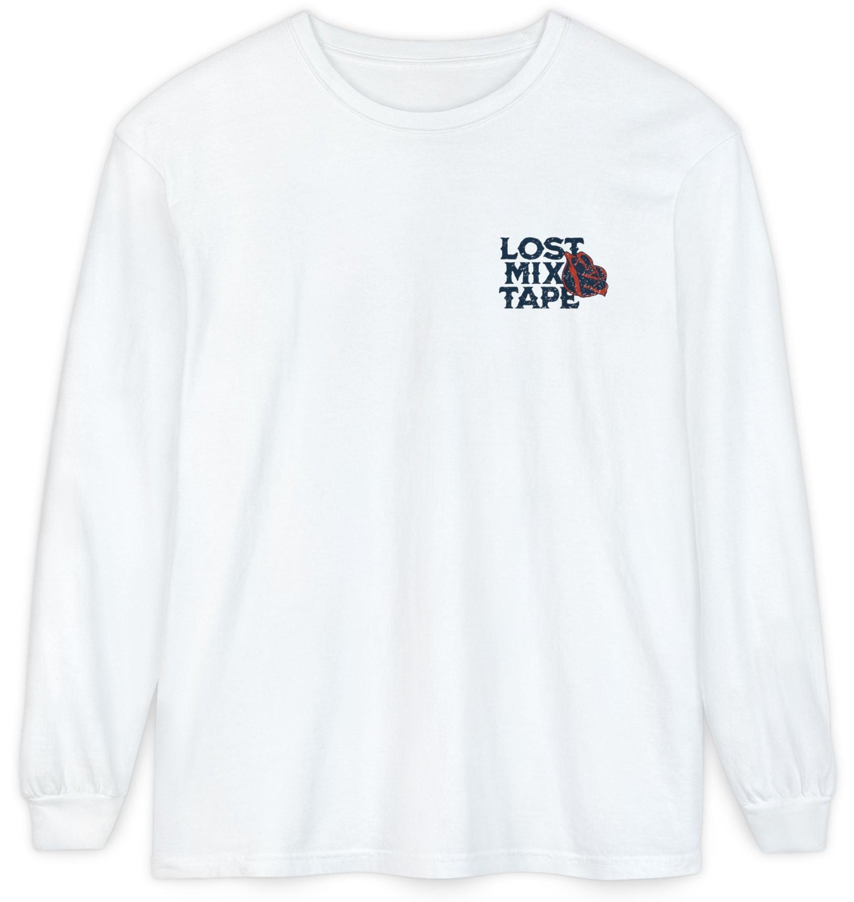 White sweatshirt with 'Lost Mix Tape' text on a white background