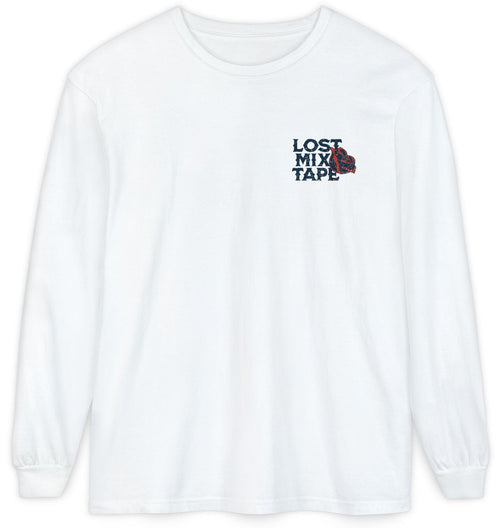White sweatshirt with 'Lost Mix Tape' text on a white background