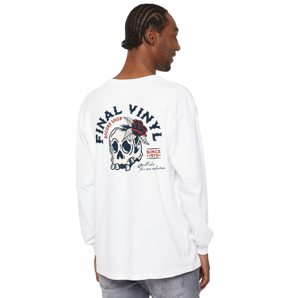 Person wearing a white long-sleeve shirt with a graphic design on the back, standing against a white background.