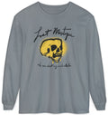 Gray long-sleeve shirt with a yellow skull graphic and text on a white background