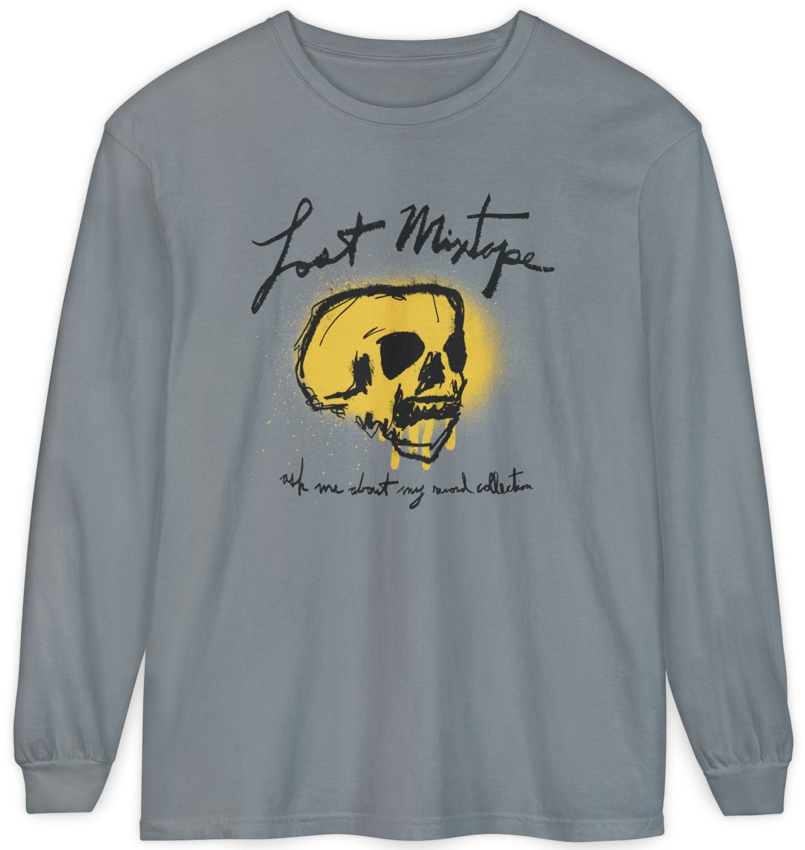 Gray long-sleeve shirt with a yellow skull graphic and text on a white background