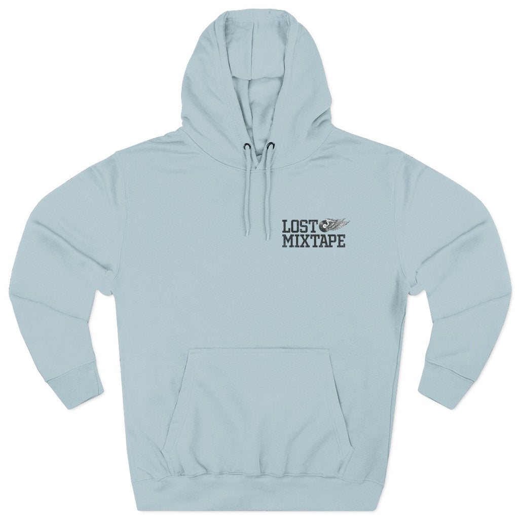Light blue hoodie with 'Lost Mixtape' text on a white background
