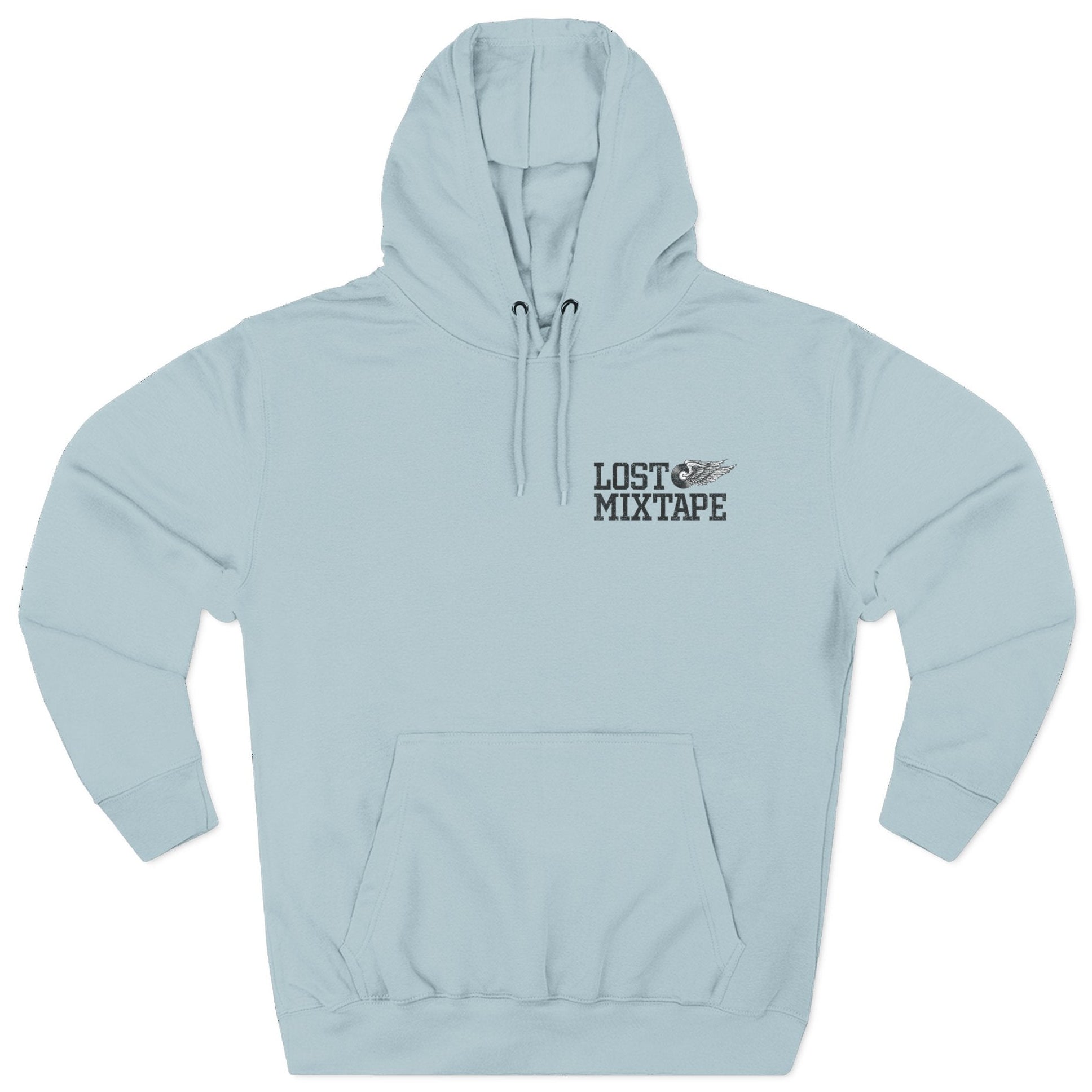 Light blue hoodie with 'Lost Mixtape' text on a white background