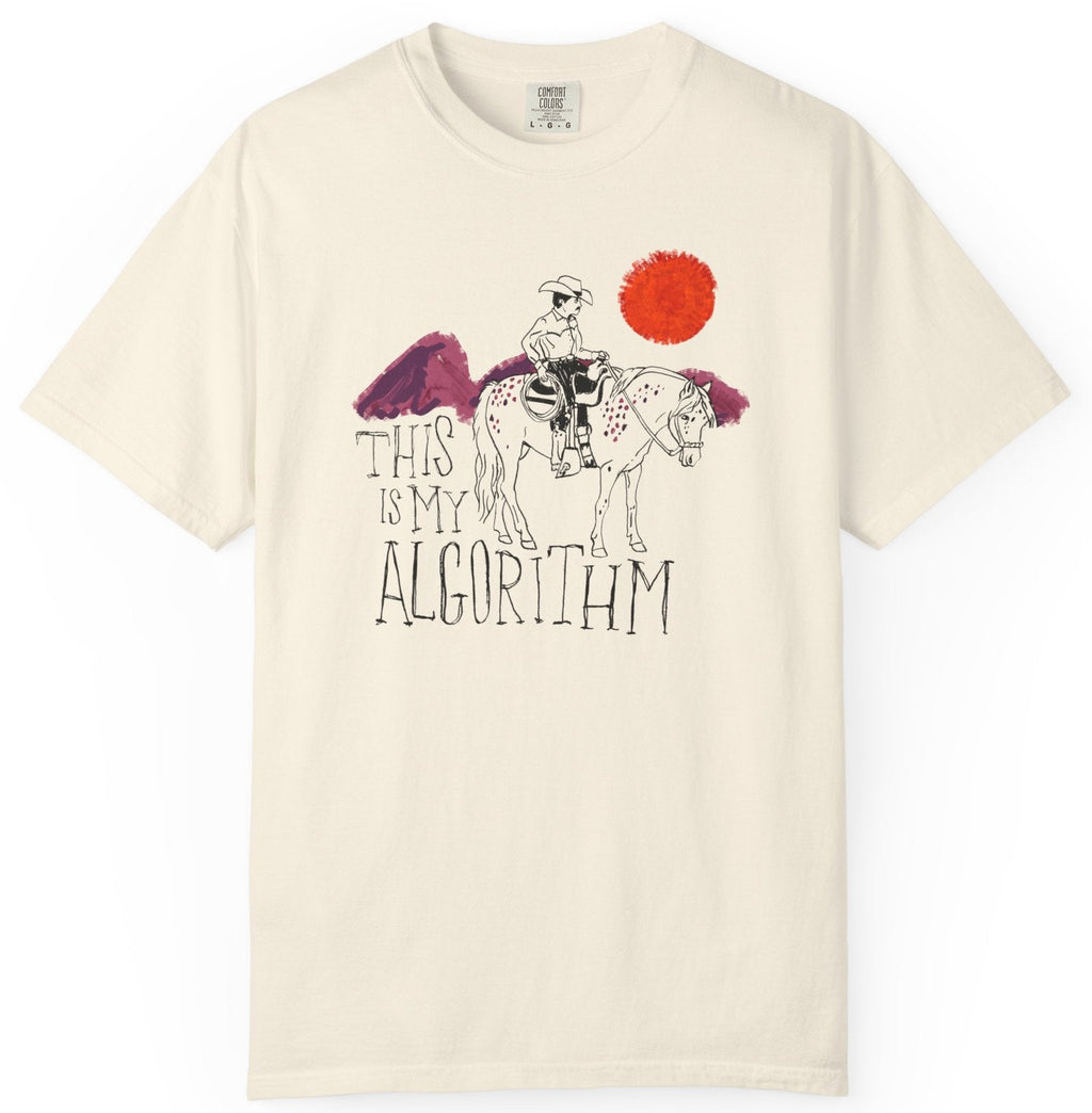 Beige t-shirt with graphic design and text 'This is my algorithm' on a white background