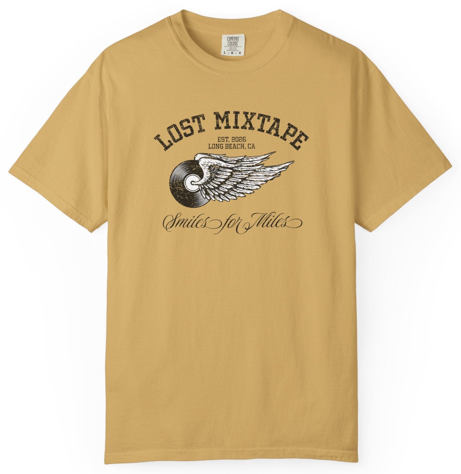Beige t-shirt with 'Lost Mixtape' graphic design on a white background
