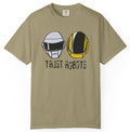 Beige t-shirt with robot helmets graphic and 'Trust Robots' text on a white background