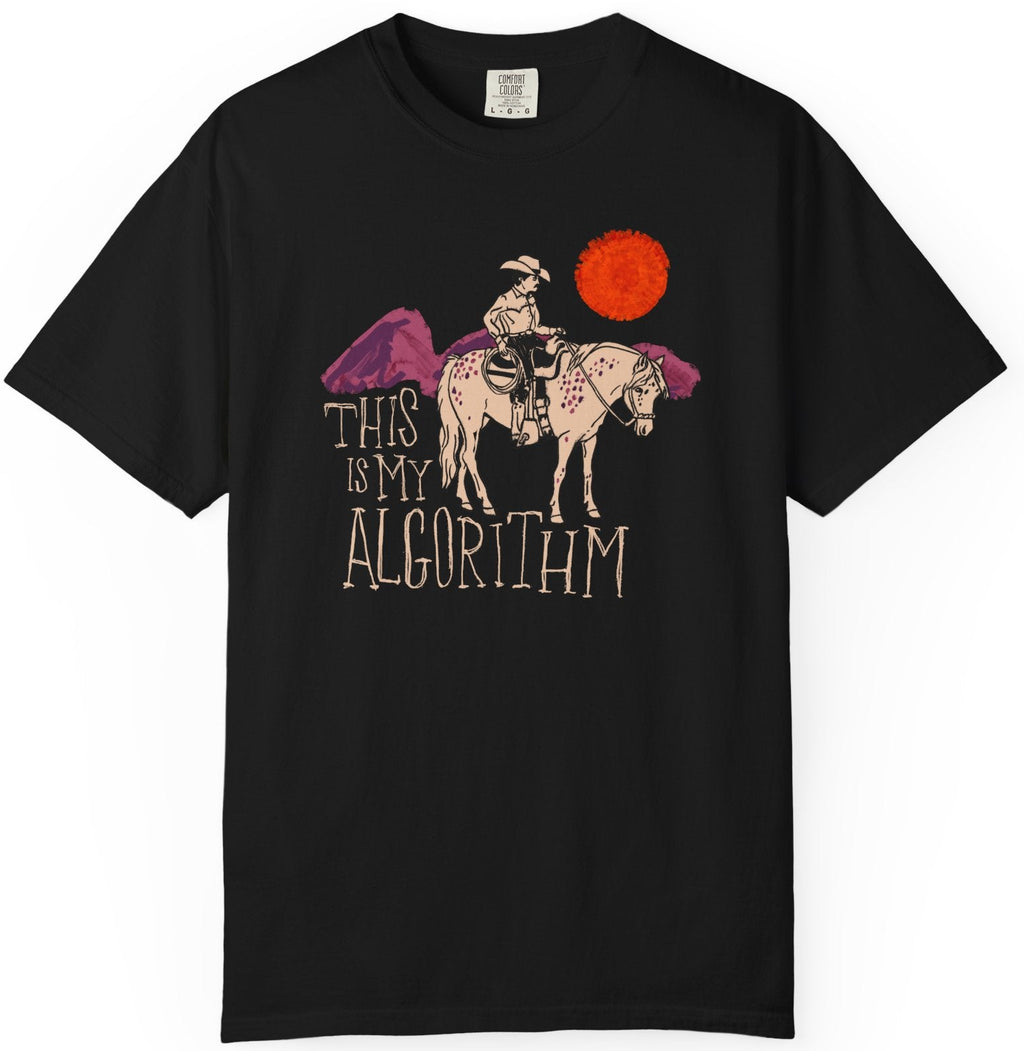 Black t-shirt with graphic design and text 'This is my algorithm' on a white background