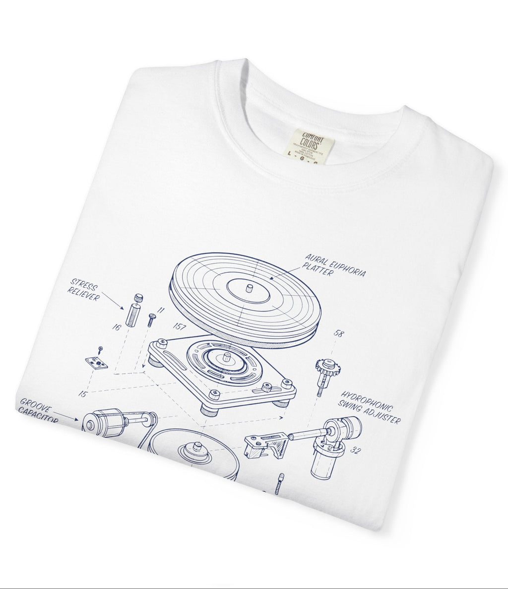 White t-shirt with black technical diagram on a white background