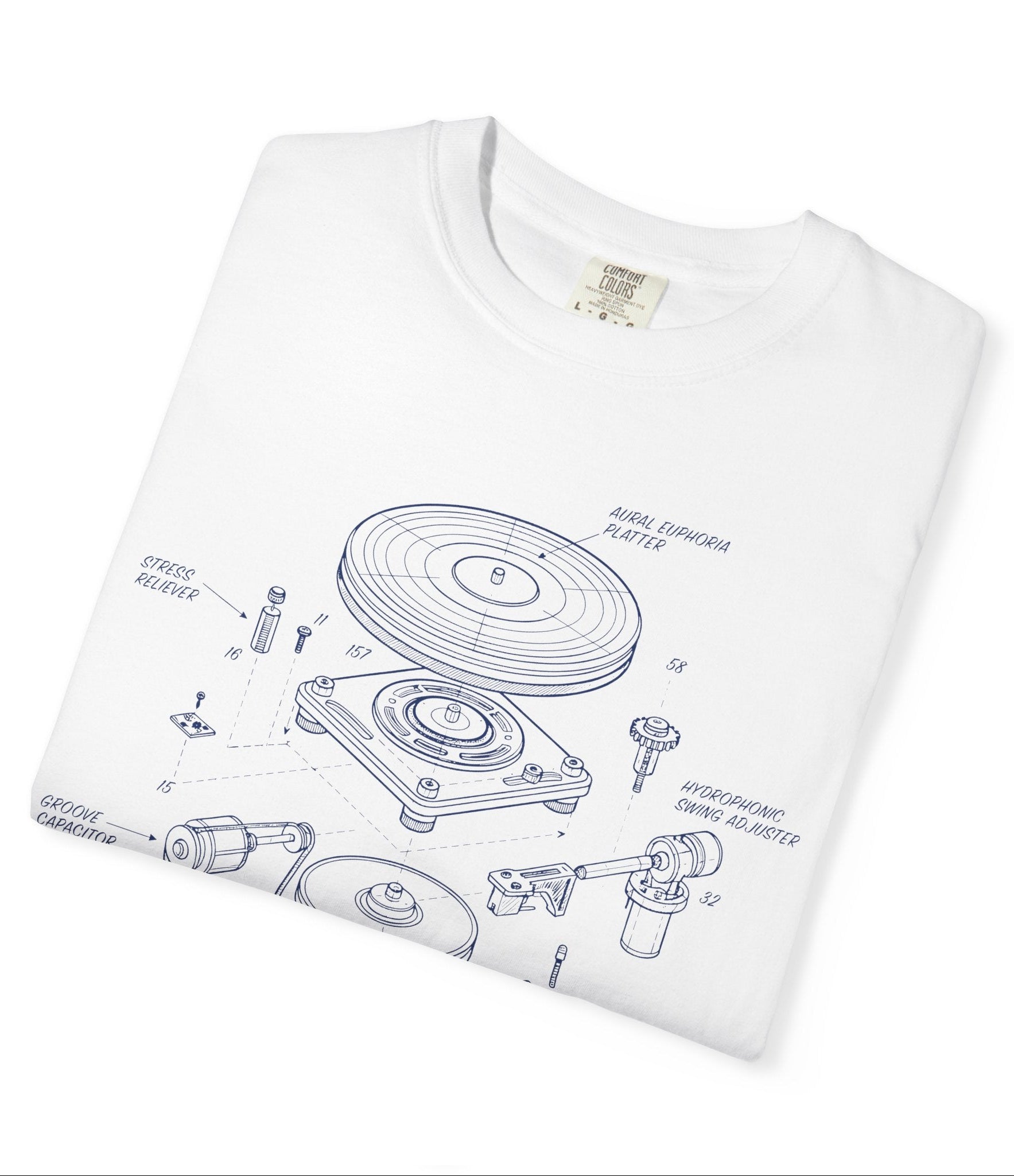 White t-shirt with black technical diagram on a white background