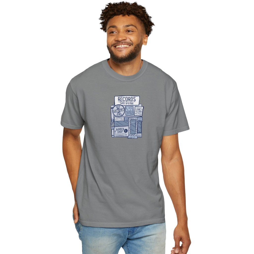 Man wearing a gray t-shirt with 'three fifteen' logo on a white background
