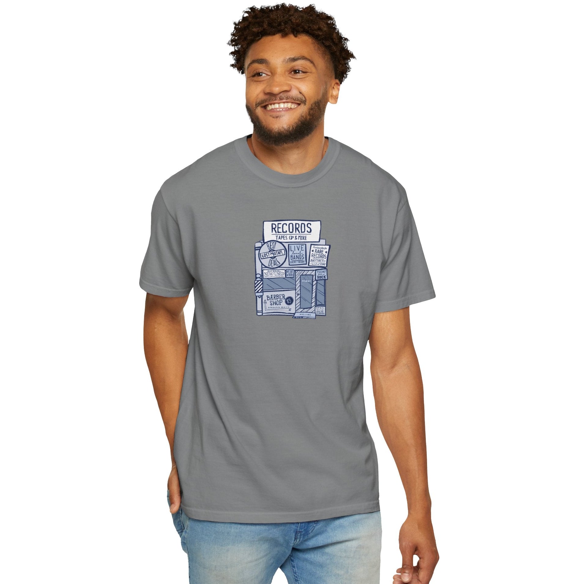 Man wearing a gray t-shirt with 'three fifteen' logo on a white background