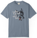 blue gray t-shirt on a white background  with graphic design of a wolf and the phrase "hey there little red riding hood."