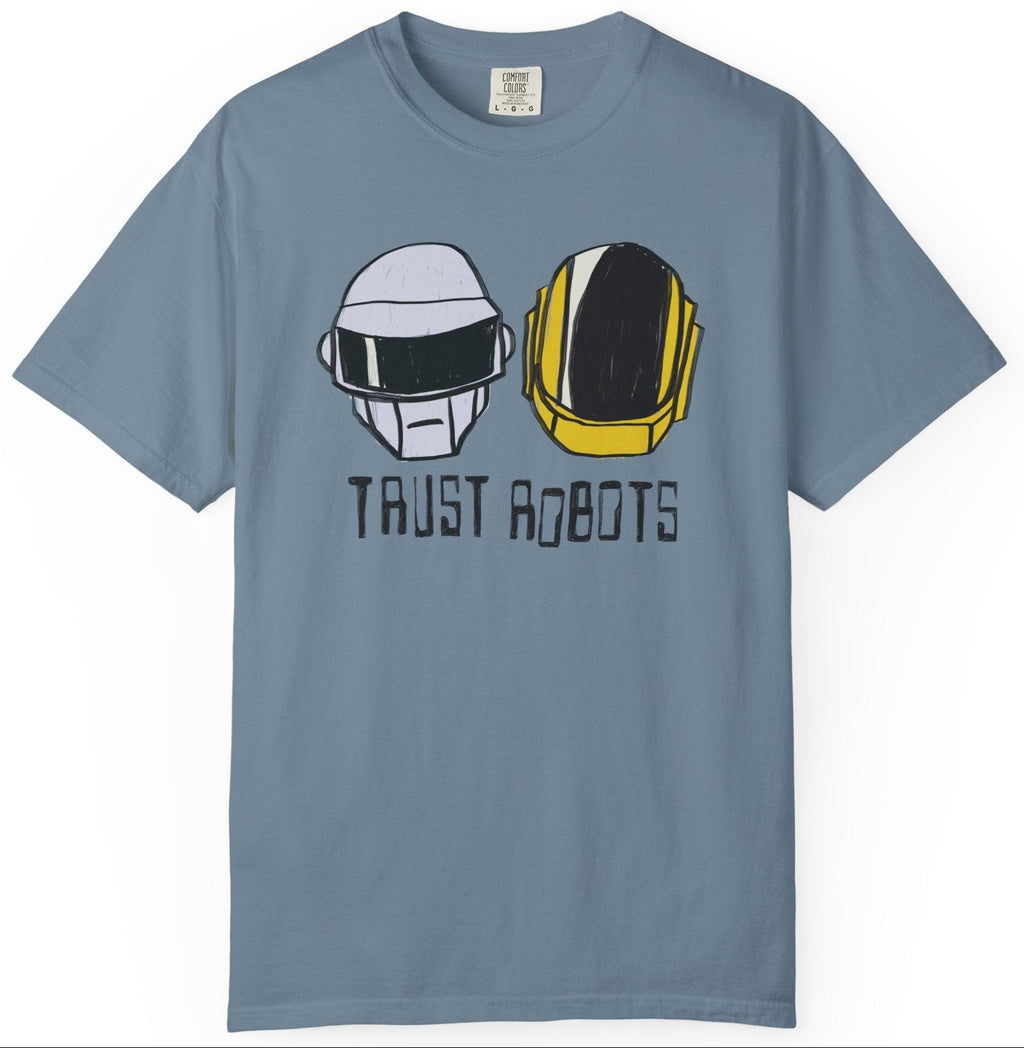 Blue t-shirt with robot helmets and 'Trust Robots' text on a white background