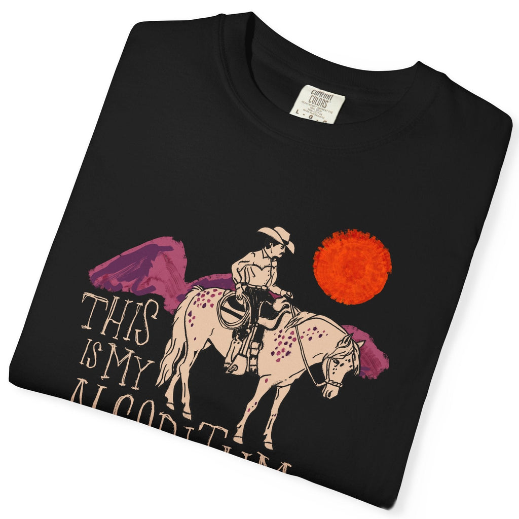 Black t-shirt with a graphic of a person on a horse and text 'This is my bloodline' on a white background