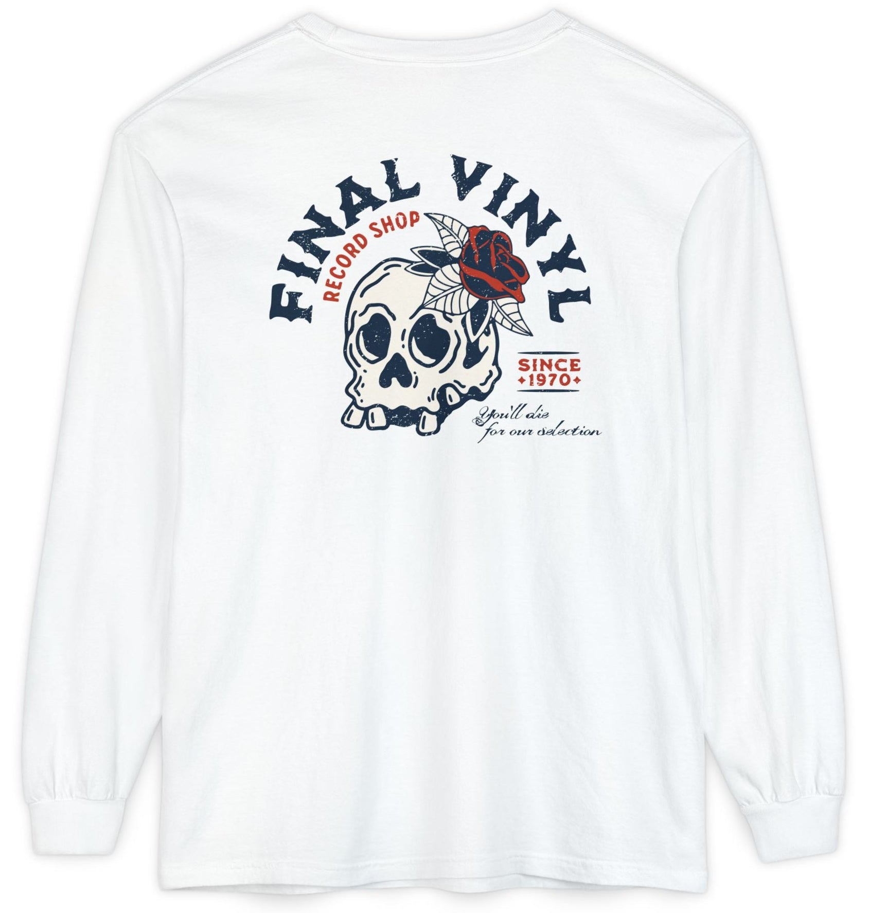 White long-sleeve shirt with a skull and text design on a white background