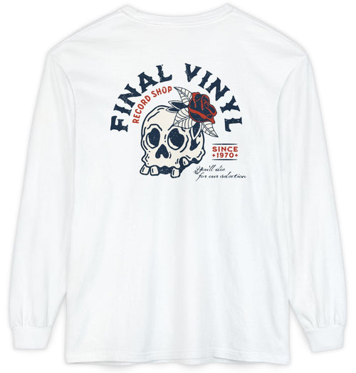 White long-sleeve shirt with a skull and text design on a white background