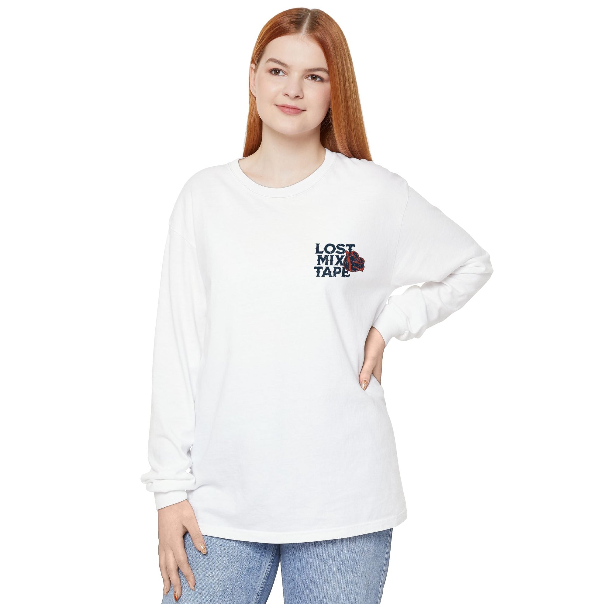Person wearing a white long-sleeve shirt with 'Lost Mix Tape' graphic on a white background