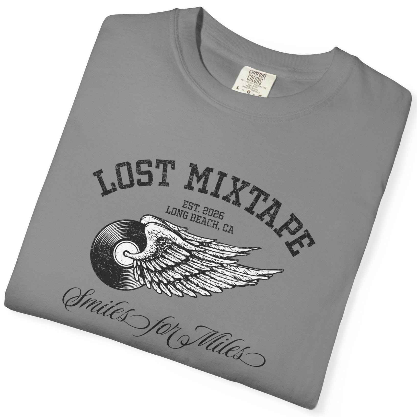 Gray t-shirt with 'Lost Mixtape' design on a white background