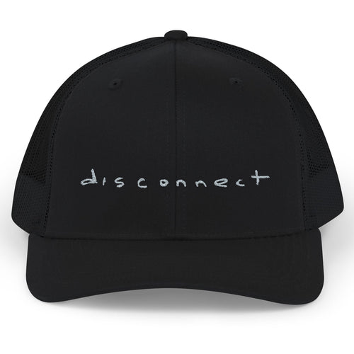 Black cap with 'disconnect' text on a white background