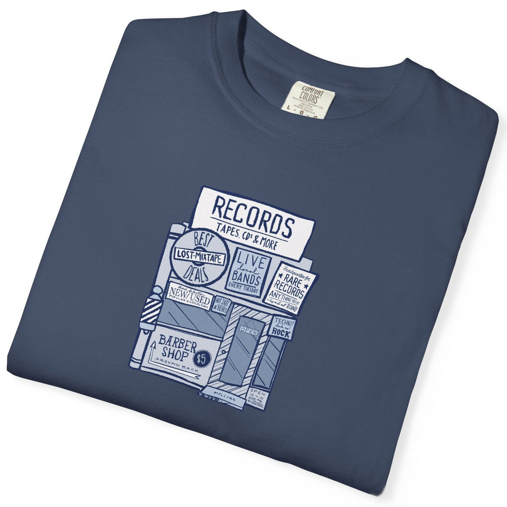 slate blue t-shirt with colorful graphic design on a white background