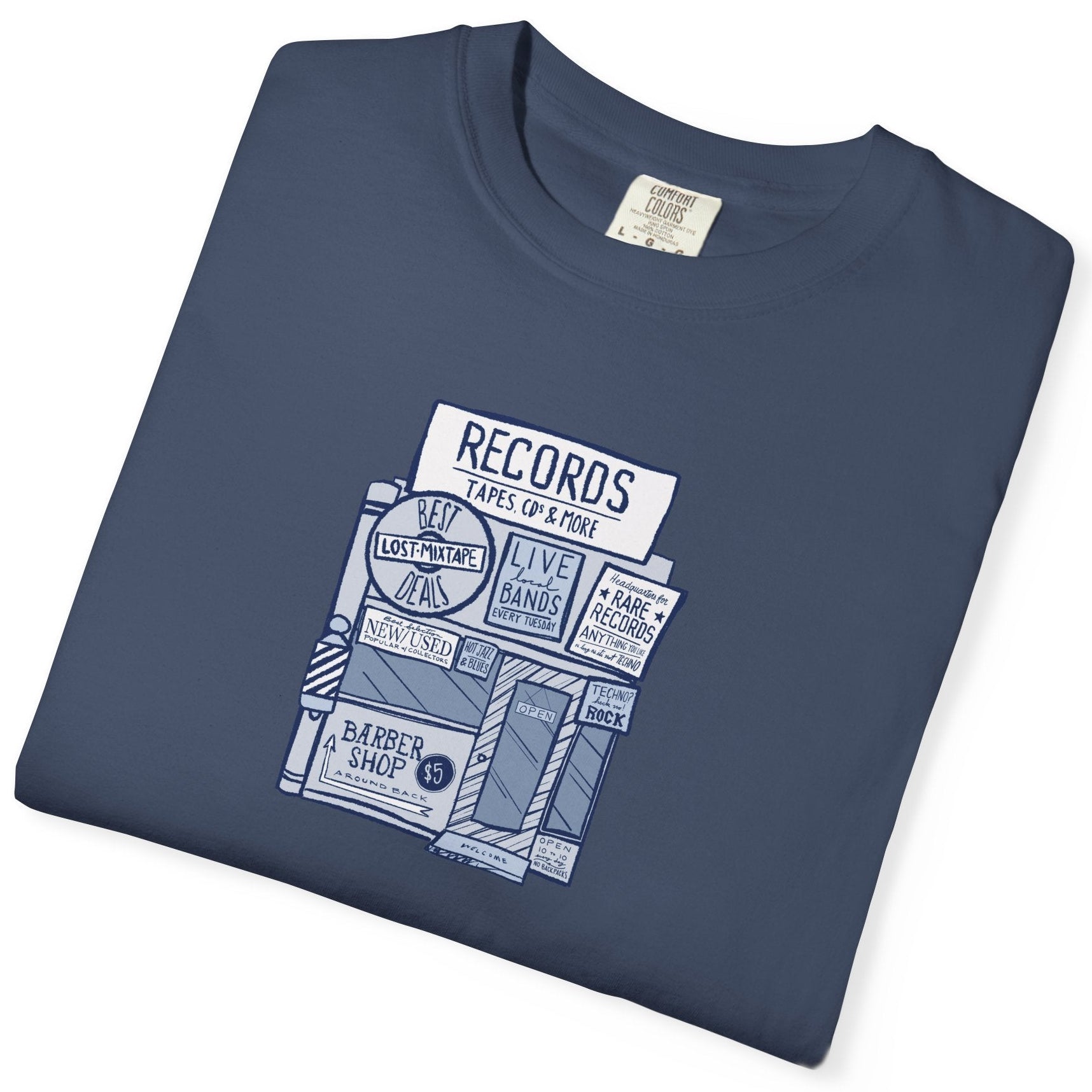 slate blue t-shirt with colorful graphic design on a white background