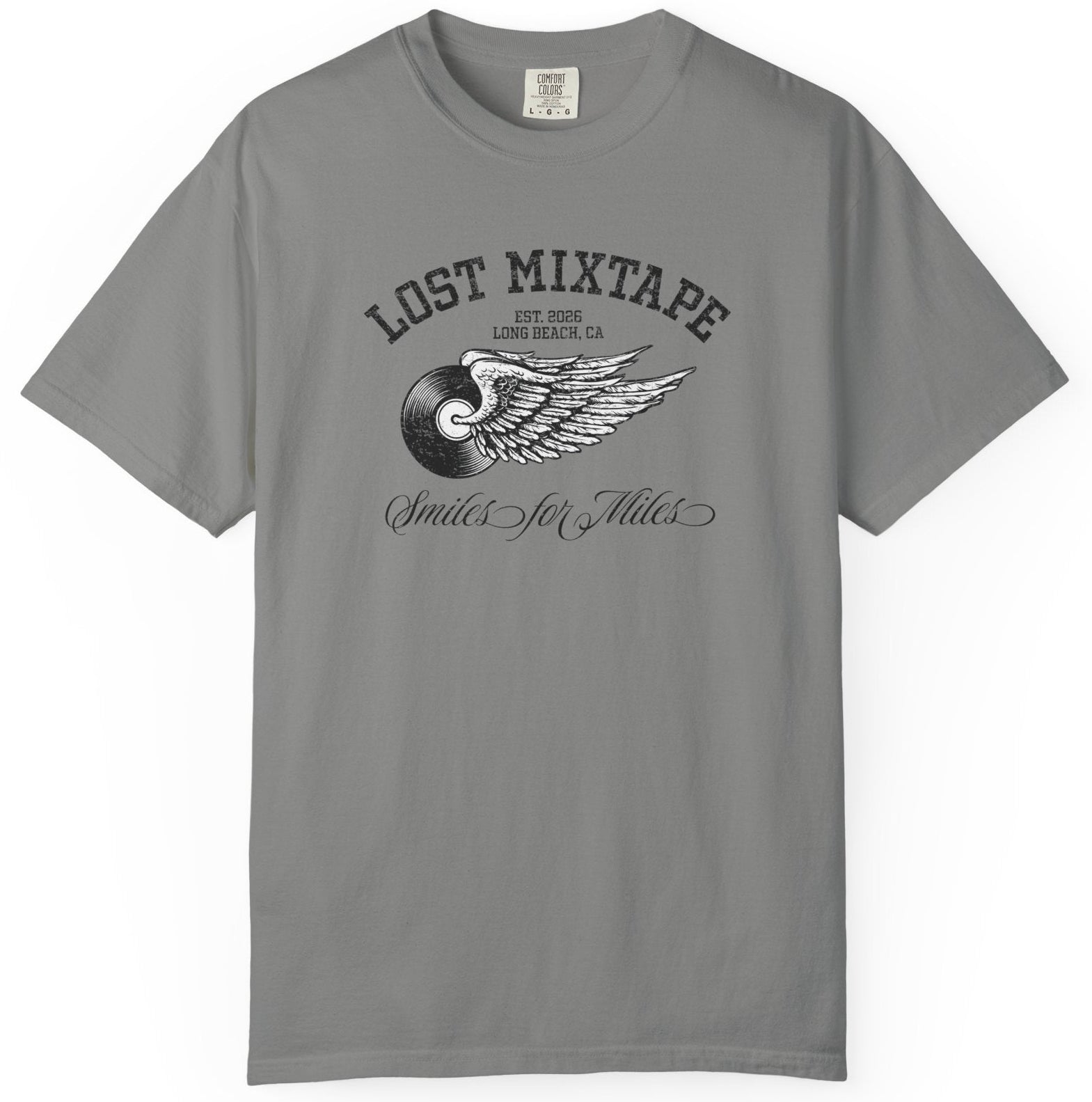 Gray t-shirt with 'Lost Mixtape' graphic design on a white background