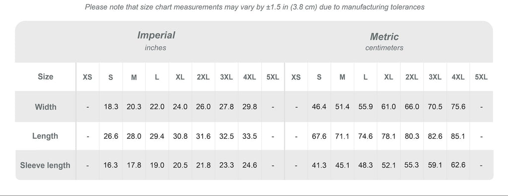 size chart matrix for comfort colors brand, model# 1717 