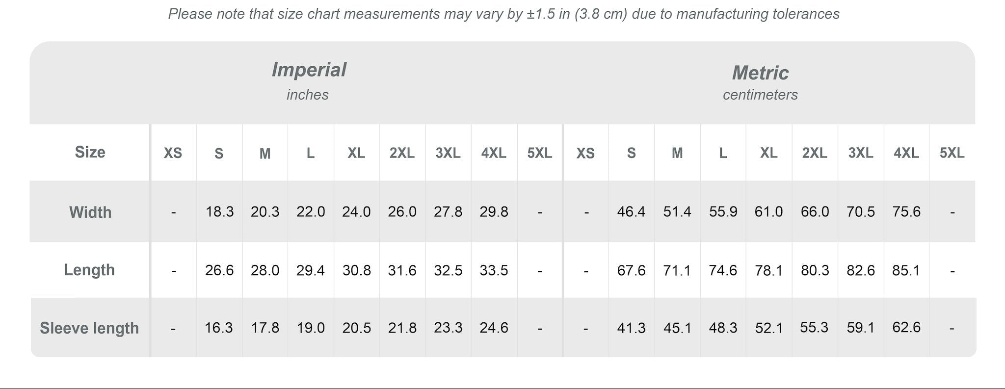 size chart matrix for comfort colors brand, model# 1717 