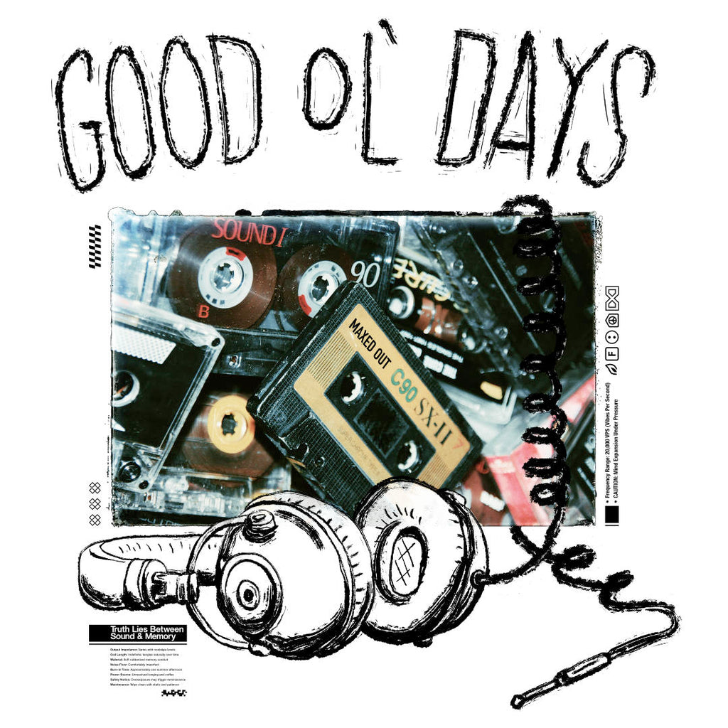 mixed media illustration of a collection of mix tapes with "Good Ol' Days" handwritten and an illustration of headphones.
