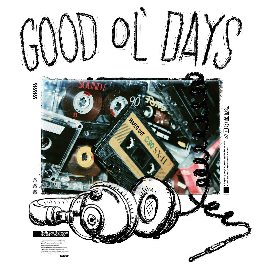 mixed media illustration of a collection of mix tapes with "Good Ol' Days" handwritten and an illustration of headphones.