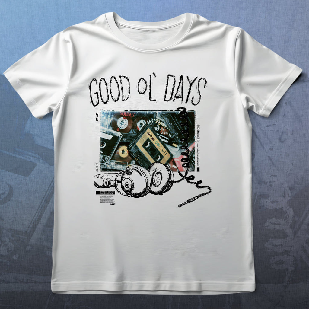 White t-shirt with 'Good Ol' Days' graphic design featuring a cassette tape on a blue background