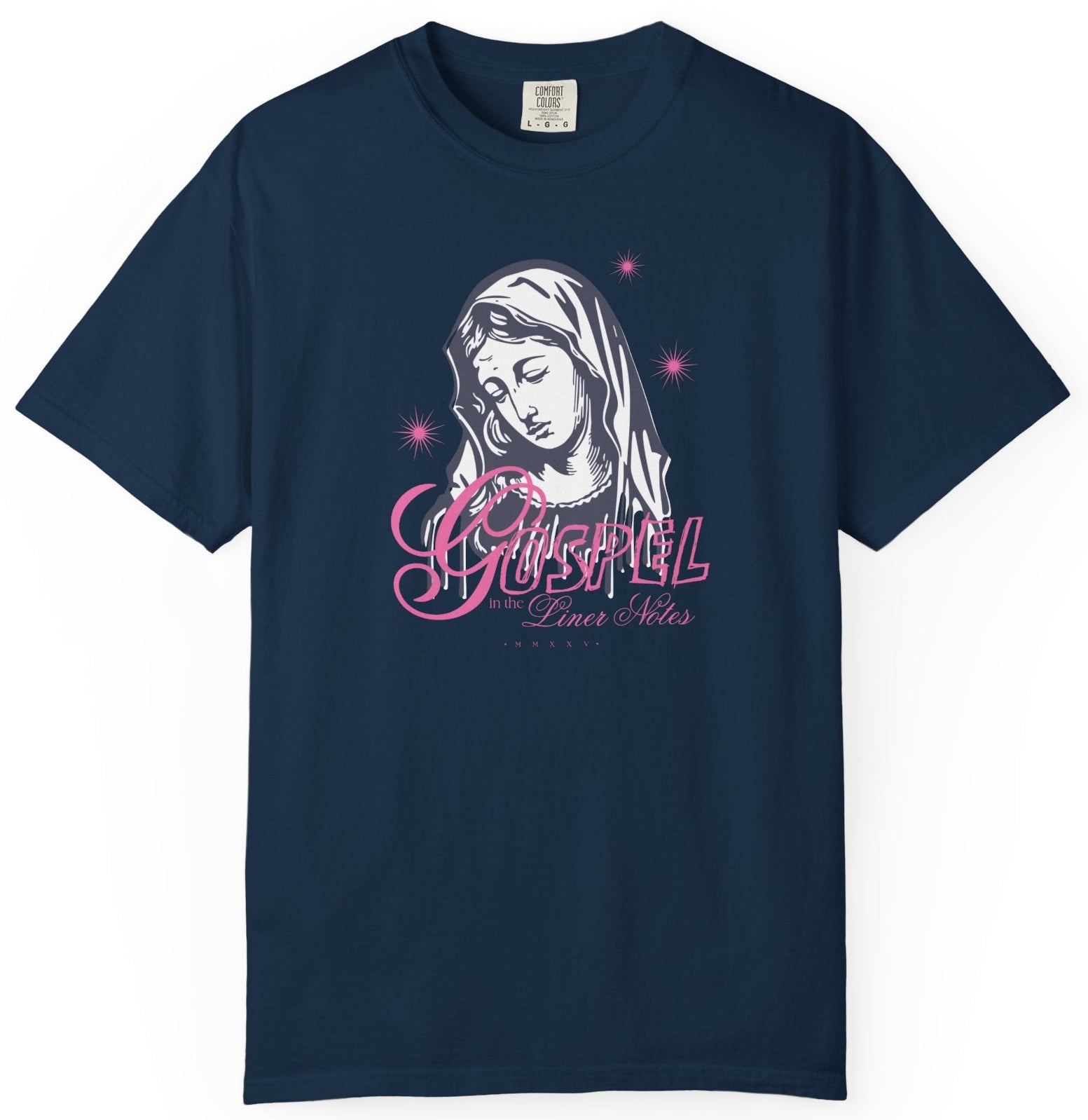 Navy blue t-shirt with a graphic design of a face and text on a white background