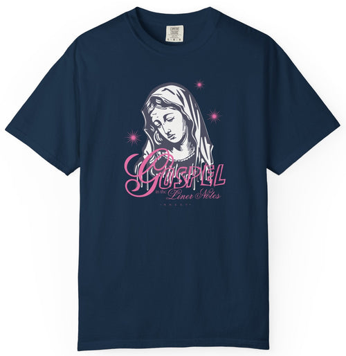 Navy blue t-shirt with a graphic design of a face and text on a white background