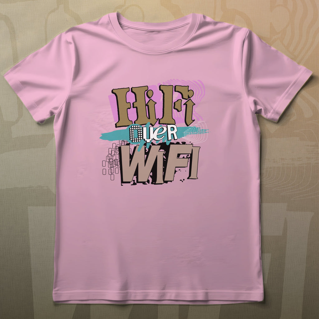 Pink t-shirt with text design on a textured background
