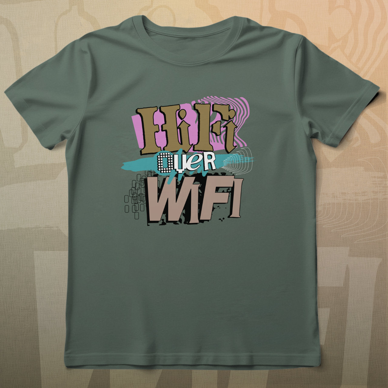 Green t-shirt with colorful text design on a beige background