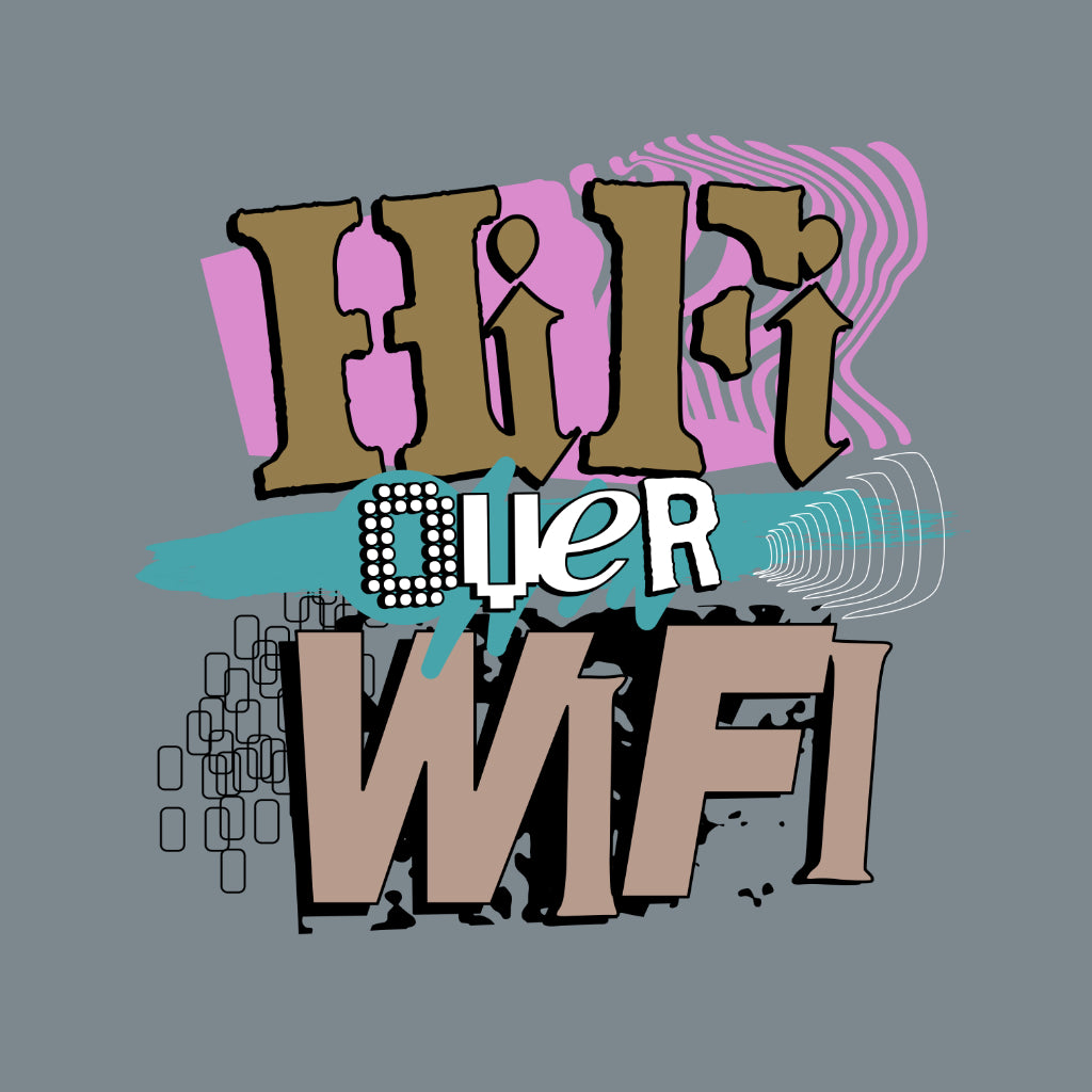 Decorative text 'HiFi Over WiFi' with abstract designs on a gray background