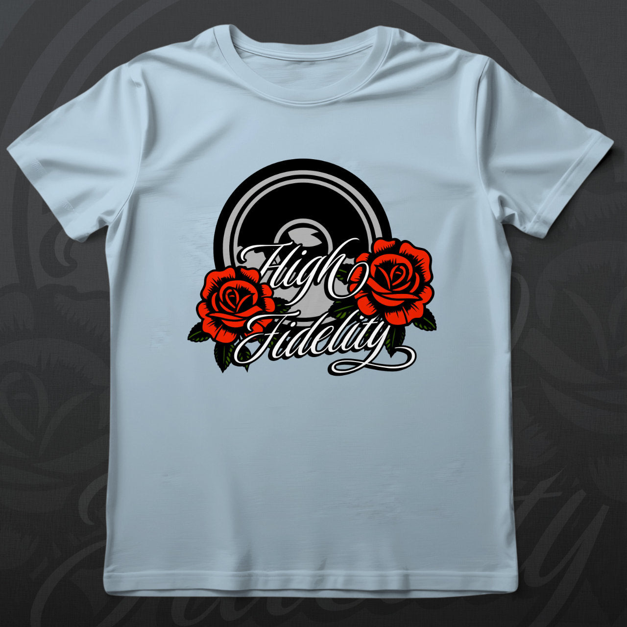 Light blue t-shirt with 'High Fidelity' design featuring roses on a wooden surface