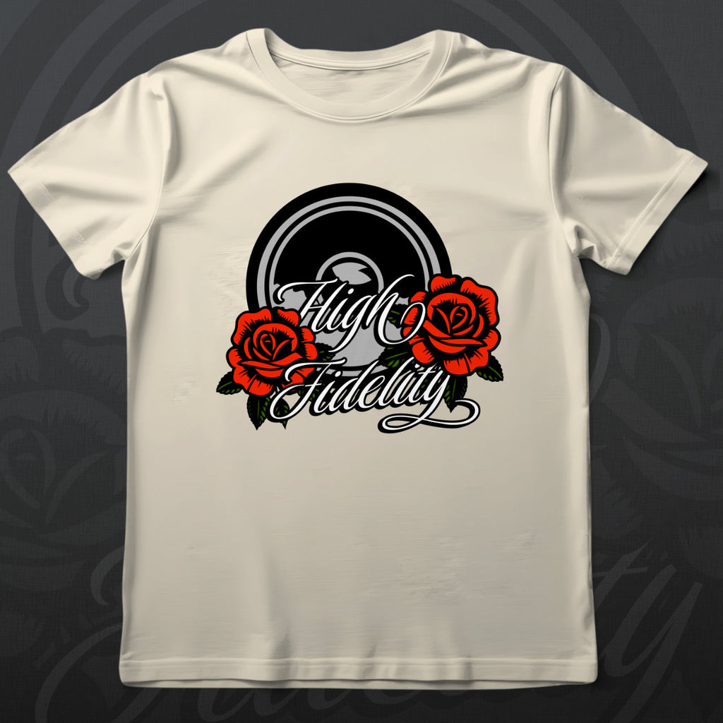 Beige t-shirt with 'High Fidelity' design featuring roses on a wooden surface
