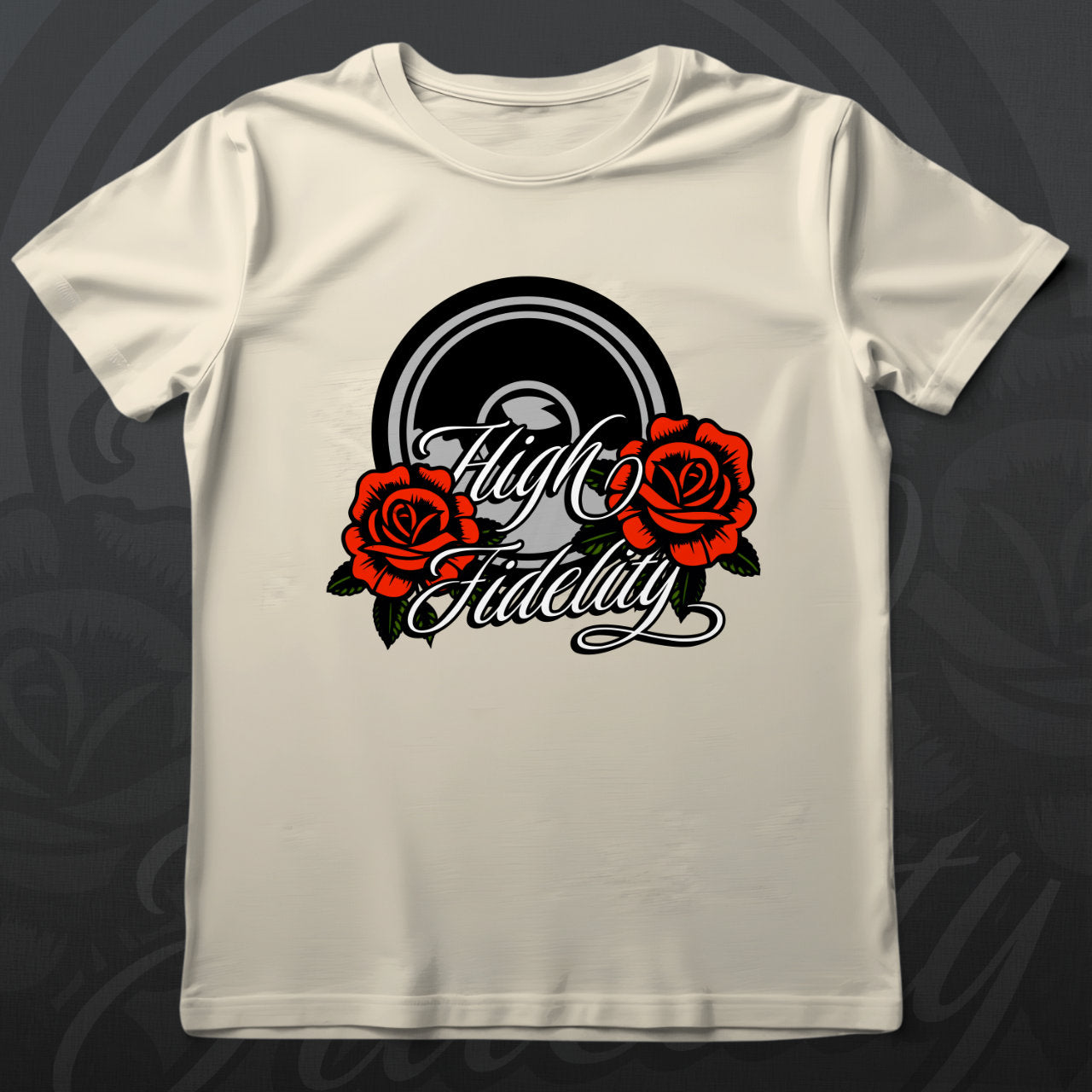 Beige t-shirt with 'High Fidelity' design featuring roses on a wooden surface