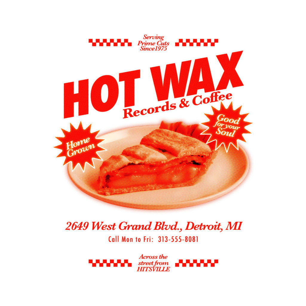 Psuedo Advertisement design for Hot Wax Records & Coffee with a plate of pie and contact information.