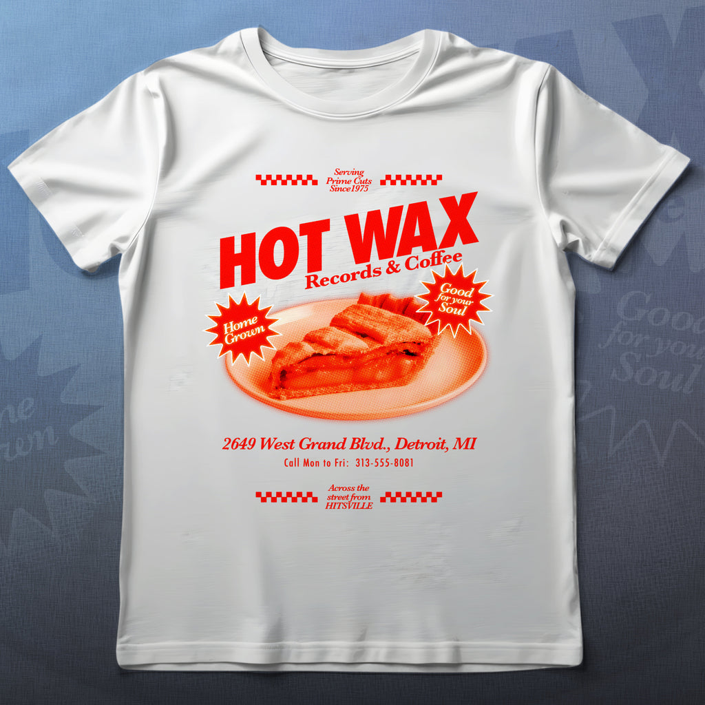 White t-shirt with Hot Wax Records & Coffee graphic design on a blue background