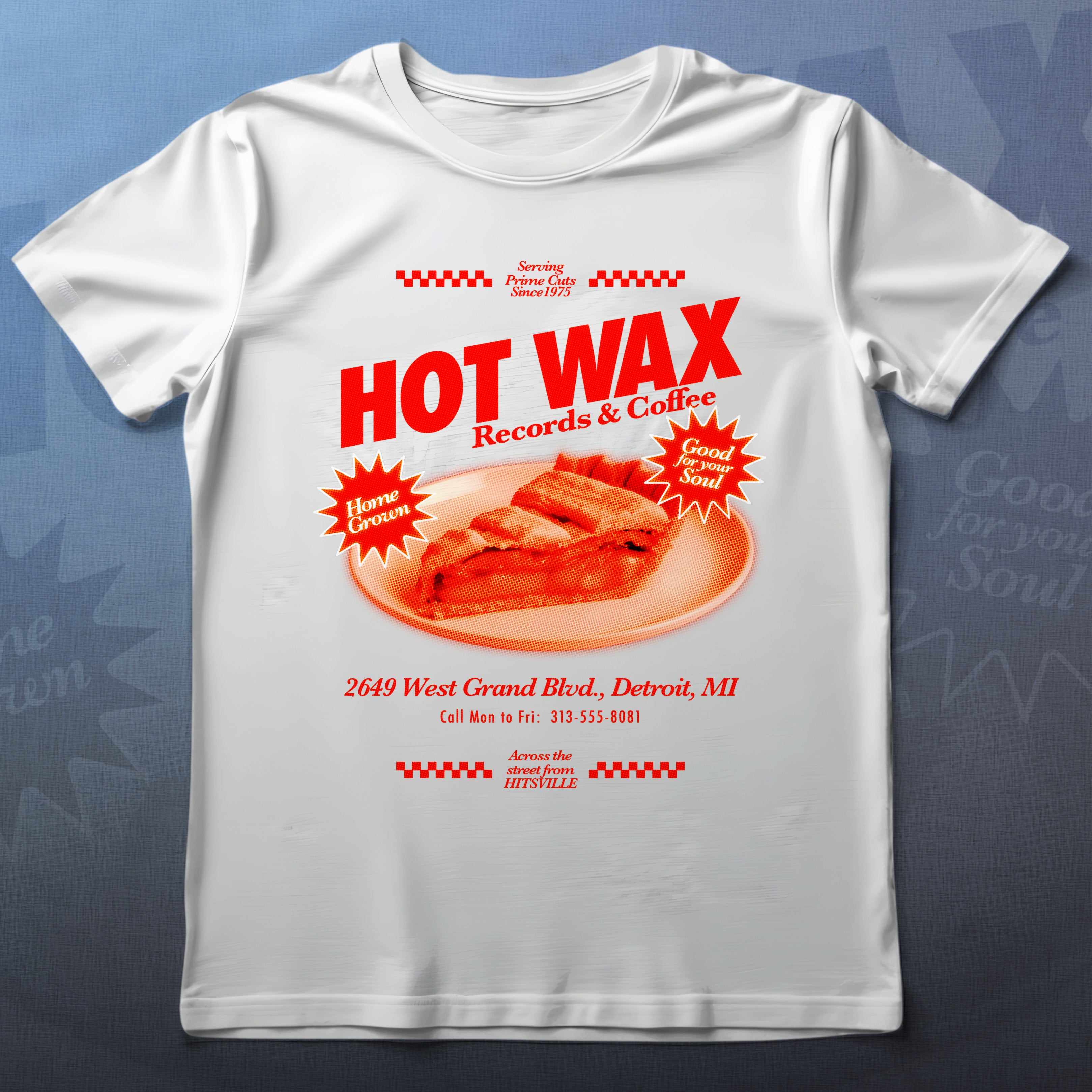 White t-shirt with Hot Wax Records & Coffee graphic design on a blue background