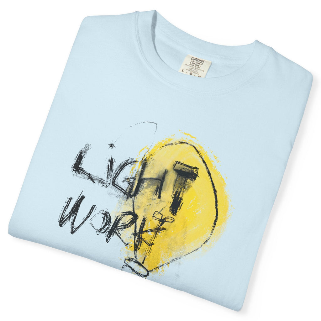 Light blue t-shirt with a yellow light bulb graphic and 'LIGHT WORK' text on a white background