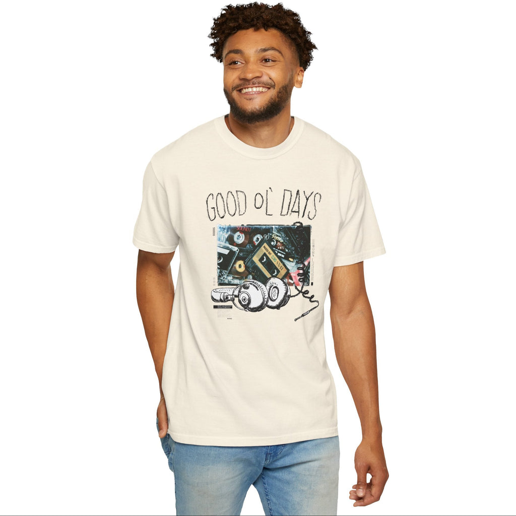 Man wearing an ivory colored t-shirt with 'Good Ol' Days' graphic design on a white background