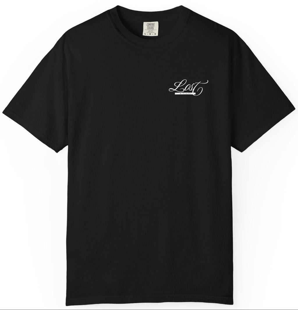 Black t-shirt with 'Lost Mixtape' badge on a white background