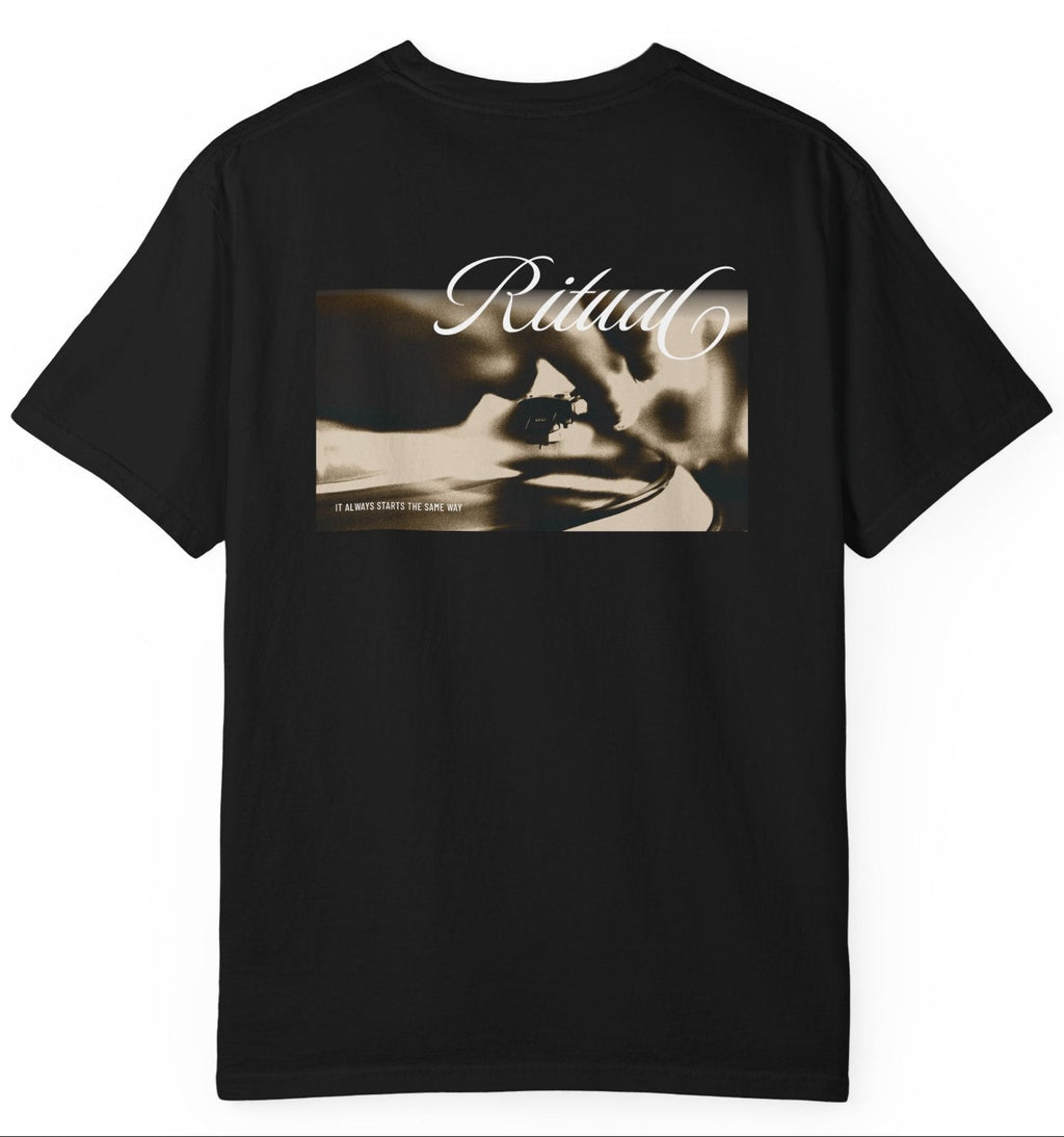 Black t-shirt with a graphic design and text on the back against a white background