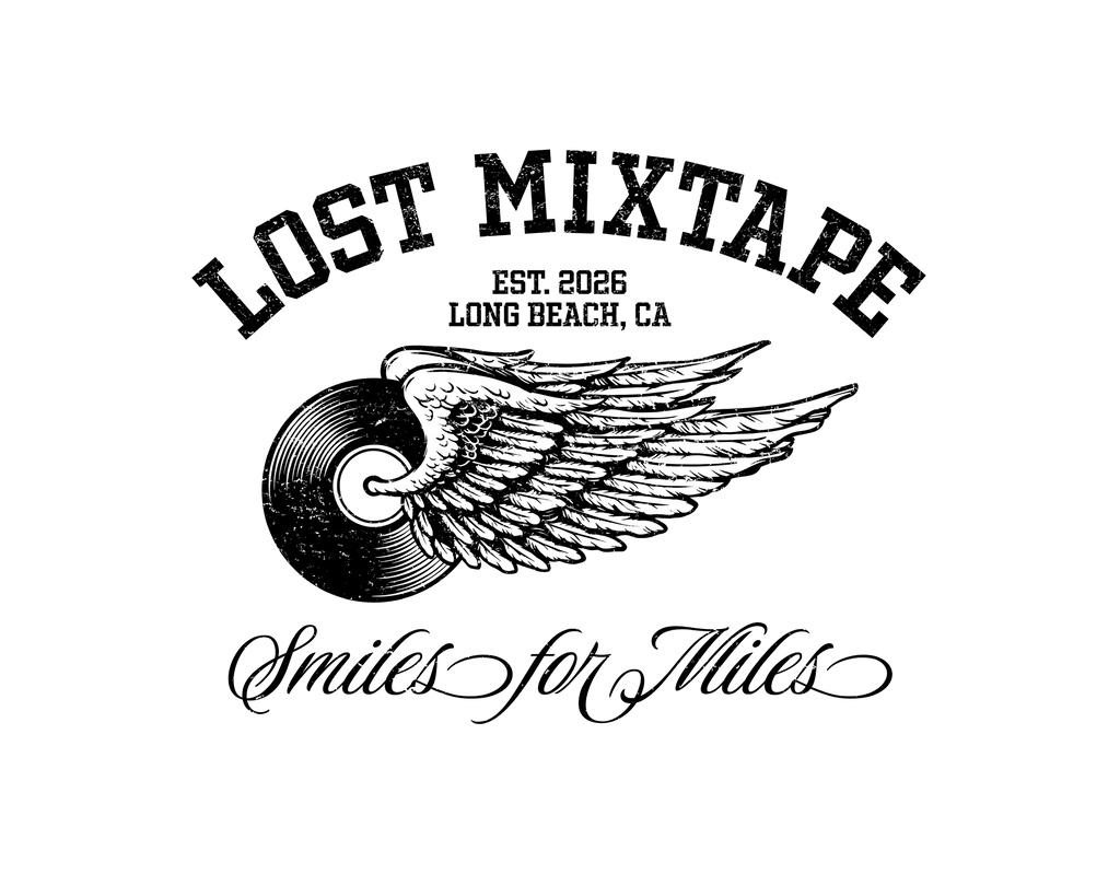 Logo for 'Lost Mixtape' with a vinyl record and wings, established in 2026 in Long Beach, CA.