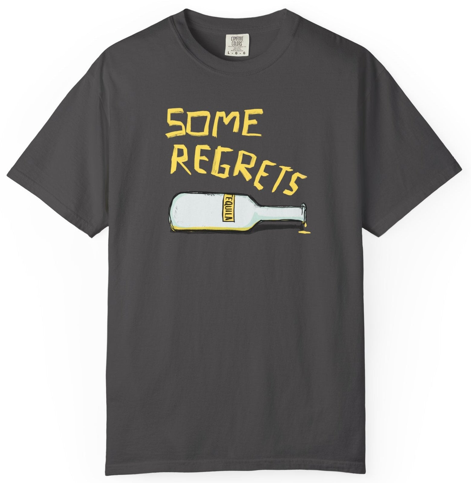 Gray t-shirt with yellow text 'Some Regrets' and a bottle graphic on a white background