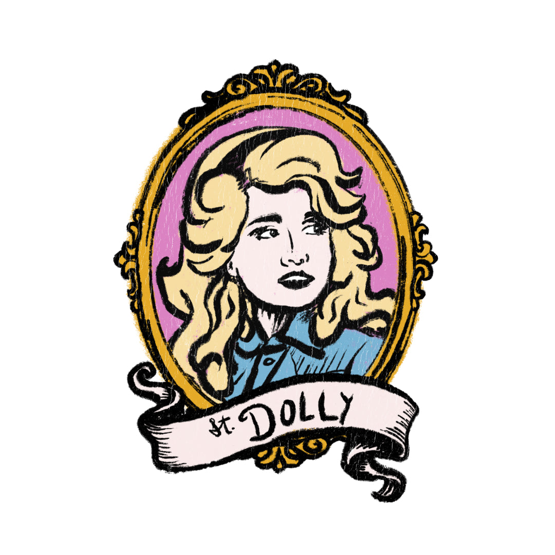 Illustration of a portrait with 'St. Dolly' text in an ornate frame on a white background